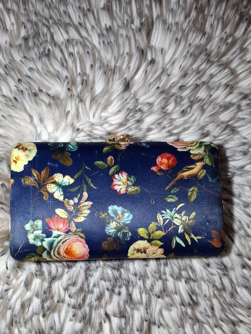 Navy Floral Satin Clutch Bag with Gold Hardware
